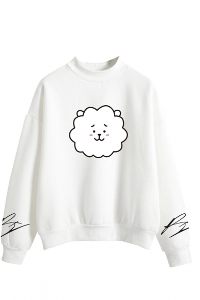 Korean Star Cartoon Sheep Print Mock Neck Long Sleeve Sweatshirt