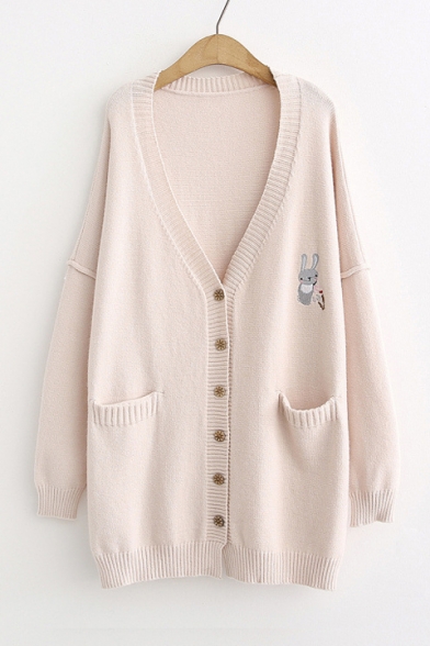 Button Front Rabbit Embroidered V Neck Long Sleeve Leisure Cardigan