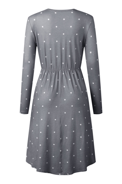 Casual Polka Dot Print Round Neck Long Sleeve Midi A-Line Dress