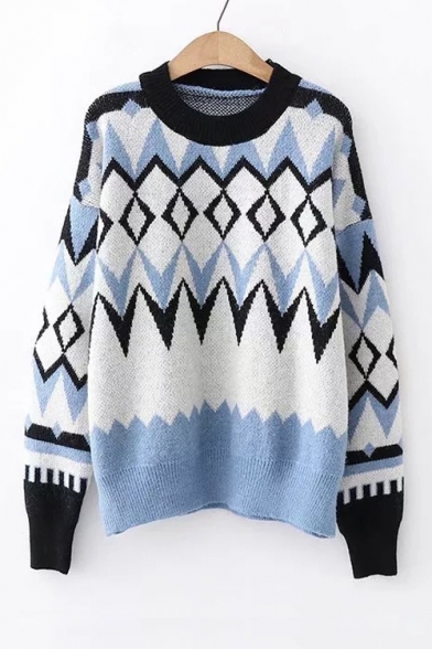 Chic Color Block Geometric Round Neck Long Sleeve Sweater