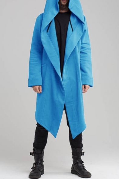 Cool Black Plain Long Sleeve Open Front Tunic Hooded Coat for Men