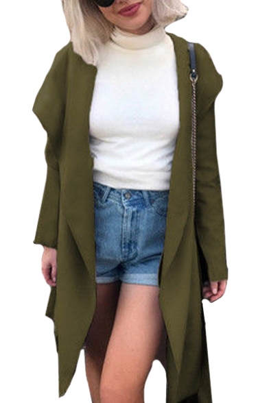 Cool Long Sleeve Plain Open Front Tunic Hooded Coat