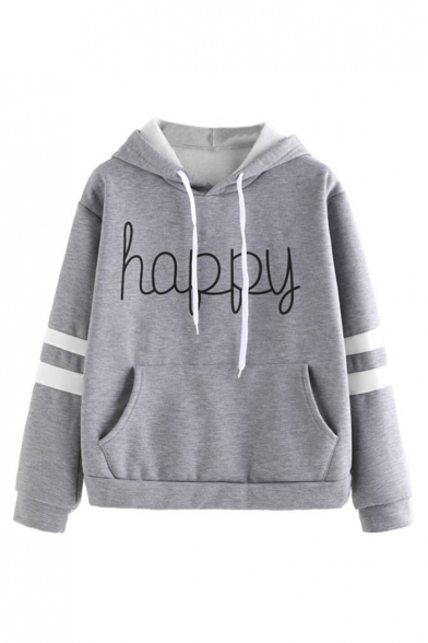 HAPPY Letter Print Contrast Striped Long Sleeve Casual Hoodie