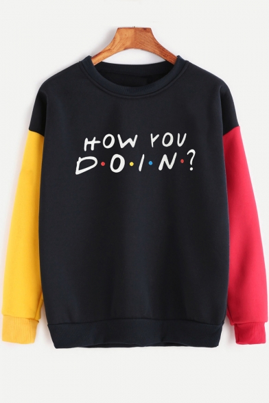 HOW YOU Letter Color Block Round Neck Long Sleeve Pullover Sweatshirt