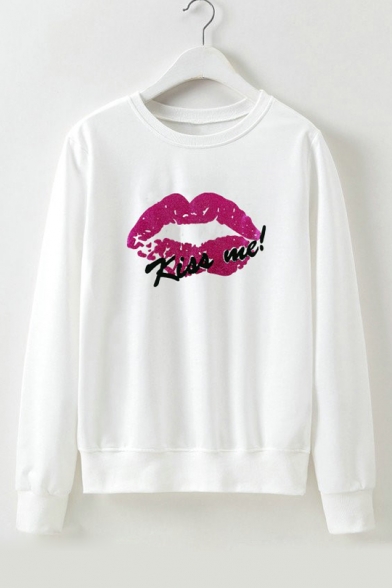 KISS ME Letter Lip Print Round Neck Long Sleeve Sweatshirt