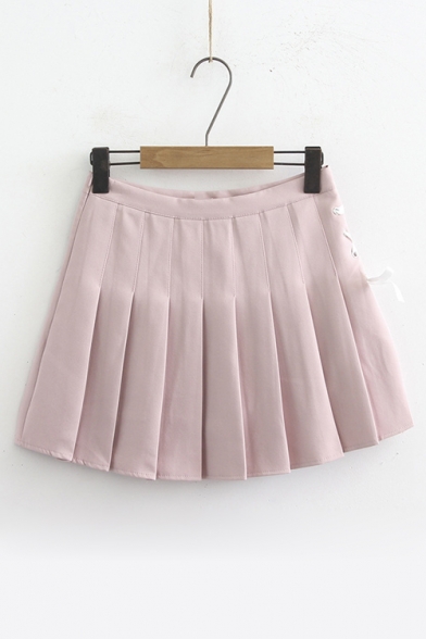 Lace Up Side Plain Mini Pleated A-Line Skirt
