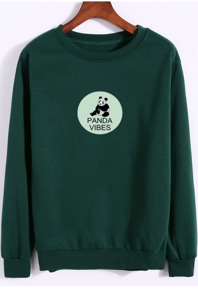 Letter Panda Print Round Neck Long Sleeve Casual Sweatshirt