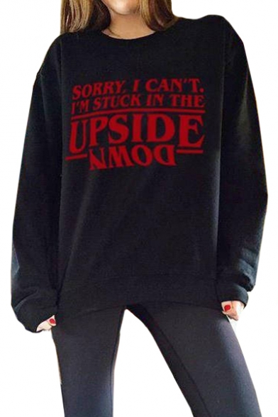 

SORRY I CAN'T Letter Print Round Neck Long Sleeve Pullover Sweatshirt, Black;gray, LC487888