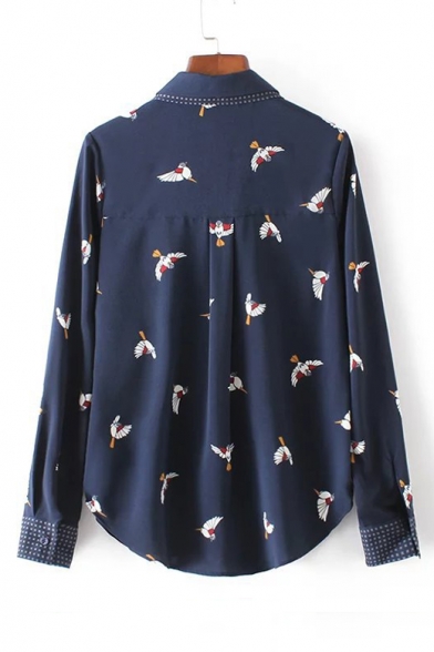Bird Print Lapel Collar Long Sleeve Concealed Button Front Shirt