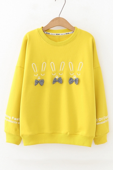 Bow Embellished Rabbit Pattern Round Neck Long Sleeve Pullover Sweatshirt
