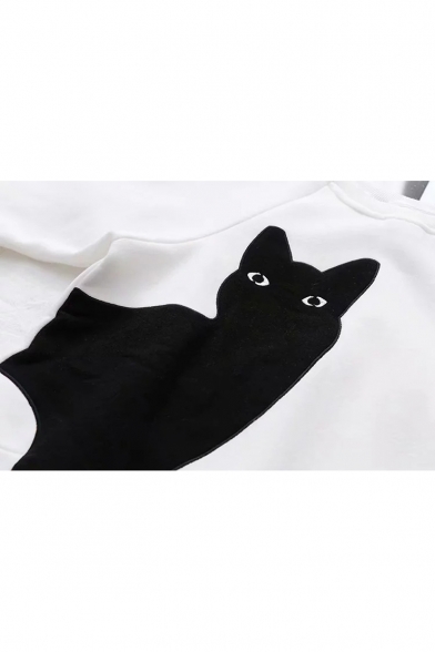 Cat Embroidered Applique Round Neck Raglan Sleeve Pullover Sweatshirt
