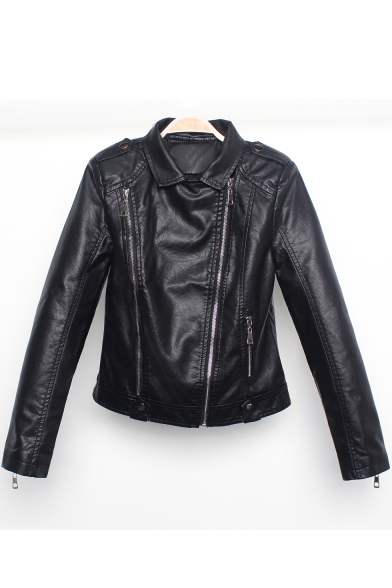 Chic Lapel Collar Long Sleeve Plain Offset Zipper Slim Leather Jacket