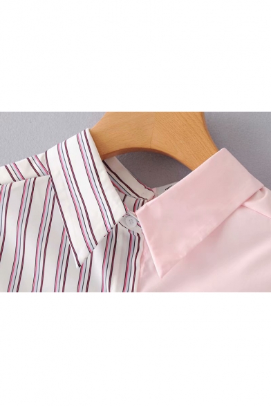 Contrast Striped Panel Lapel Collar Button Front Long Sleeve Asymmetric Shirt
