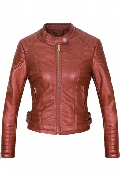 Cool Stand Collar Long Sleeve Zip Front PU Slim Cropped Leather Jacket