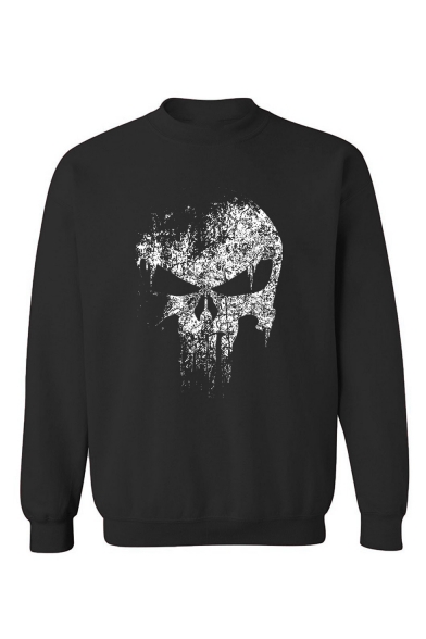 Crew Neck Skull Print Long Sleeve Relaxed Sweatshirt for Men