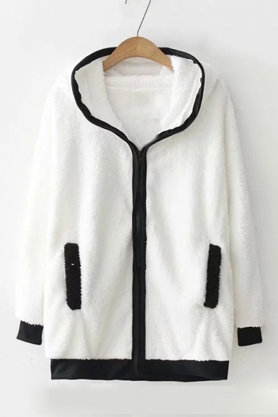Cute Panda Pattern Contrast Trim Long Sleeve Plush Hoodie