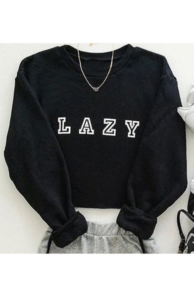 LAZY Letter Pattern Round Neck Long Sleeve Pullover Sweatshirt