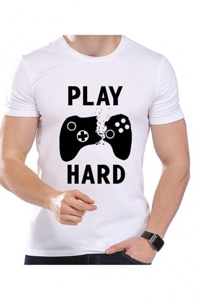 PLAY HARD Letter Game Remote Print Round Neck Short Sleeve T-Shirt