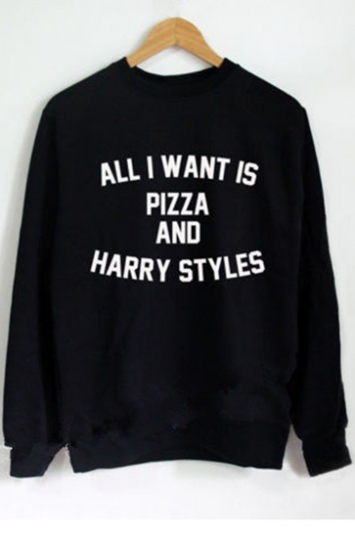 ALL I WANT IS PIZZA Letter Print Round Neck Long Sleeve Sweatshirt