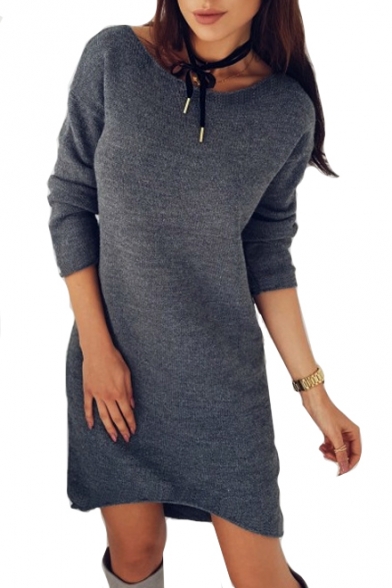 Basic Round Neck Plain Long Sleeve Mini Sweater Dress