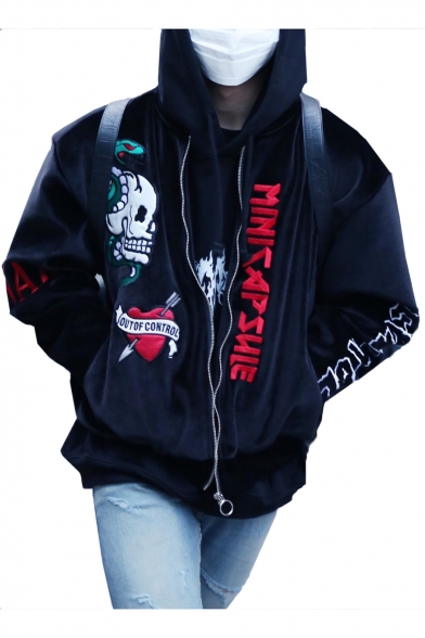 Korean Star JIMIN Floral Skull Embroidered Stand Collar Long Sleeve Zip Front Baseball Jacket