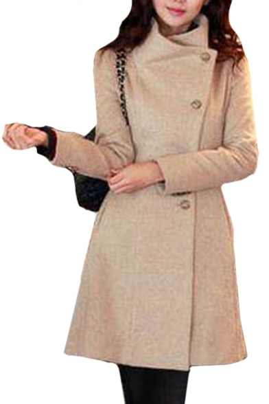 Classic Button Placket Plain Long Sleeve Tie Waist Woolen Coat