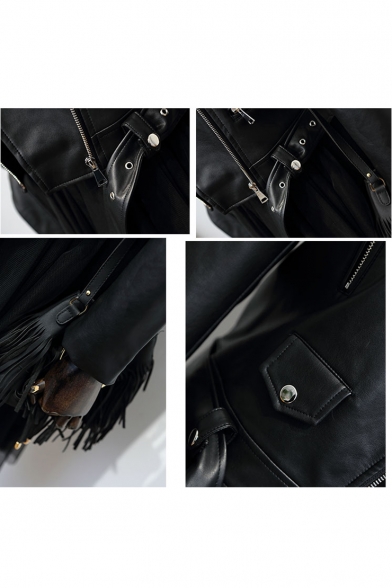 Classic Slim Plain Notched Lapel Collar Long Sleeve Offset Zip Closure Leather Jacket