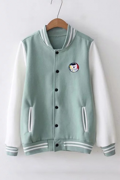 Contrast Striped Trim Dog Embroidered Color Block Long Sleeve Button Front Baseball Jacket