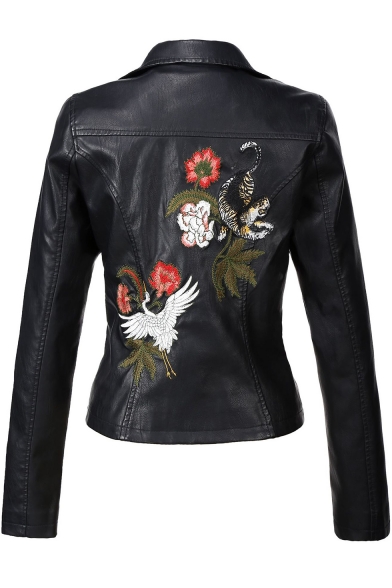 Crane Floral Embroidered Notched Lapel Collar Long Sleeve Offset Zip Closure Cropped Leather Jacket