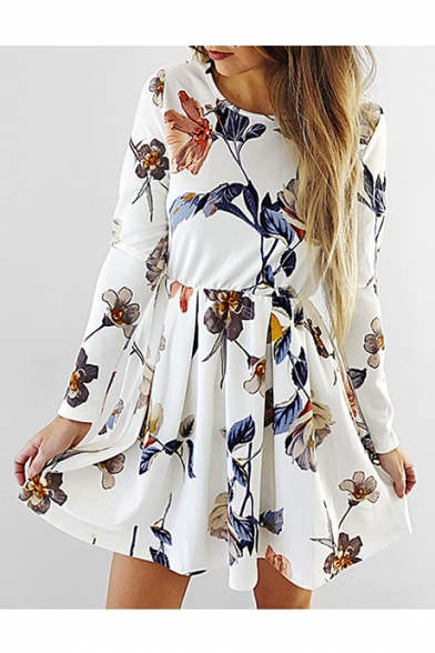 Fall Collection Floral Print Round Neck Long Sleeve Mini A-Line Dress