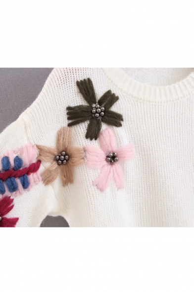 Floral Bead Embellished Round Neck Long Sleeve Dip Hem Sweater