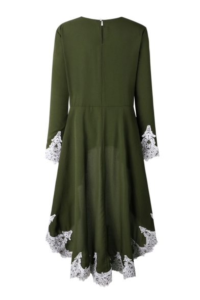 Lace Patchwork Round Neck Long Sleeve Asymmetric Hem High Low Dress