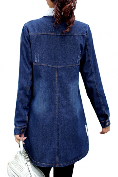 Lapel Collar Long Sleeve Button Front Sherpa Lined Denim Coat