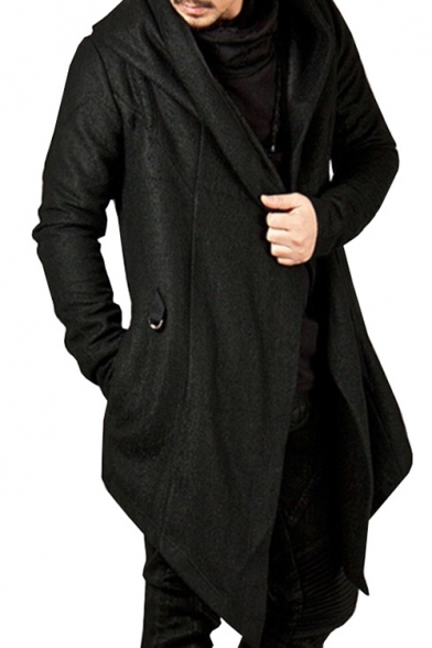 Long Sleeve Plain Open Front Asymmetric Hem Hooded Coat for Men