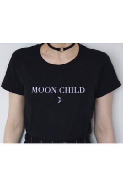 MOON CHILD Letter Moon Print Round Neck Short Sleeve T-Shirt
