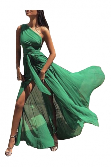 One Shoulder Plain Sleeveless Split Front Maxi A-Line Chiffon Dress