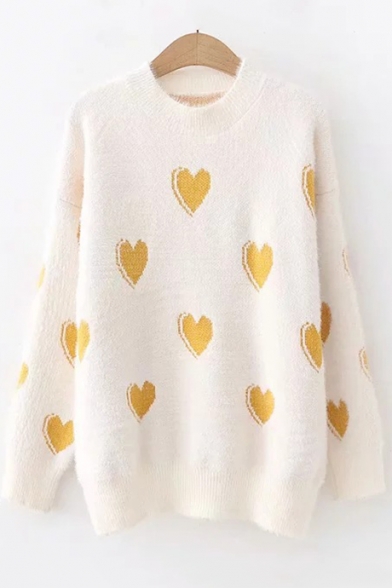 Round Neck Long Sleeve Heart Pattern Loose Sweater