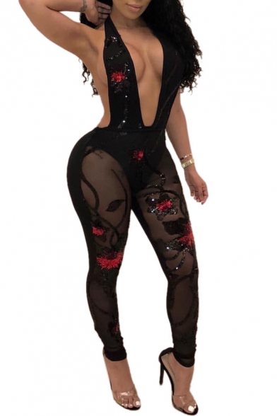 Sequined Floral Embroidered Halter Sleeveless Mesh Patchwork Sexy Jumpsuit