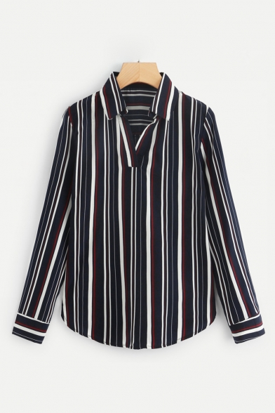 Striped Lapel Collar Long Sleeve Leisure Pullover Shirt
