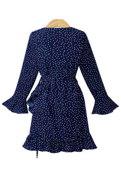 Vintage Polka Dot Print Long Sleeve Ruffle Hem Mini Wrap Dress