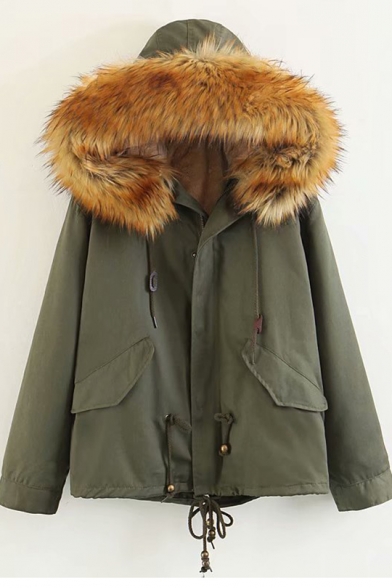 Winter Collection Plain Long Sleeve Faux Fur Trim Hood Zip Up Hooded Jacket