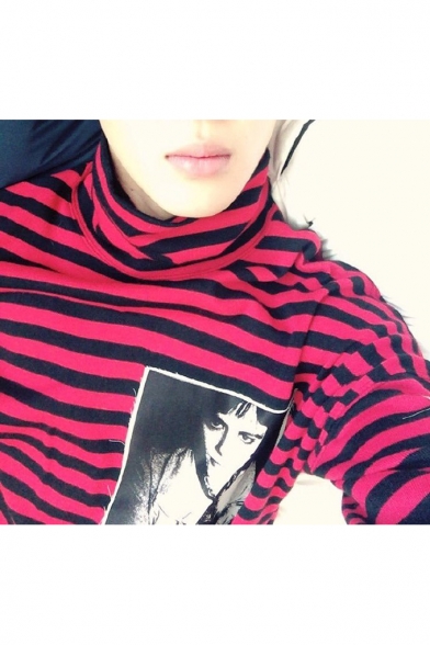 Korean Star Photo Applique High Neck Long Sleeve Striped T-Shirt