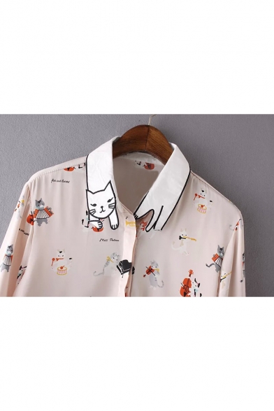 Cat Embroidered Lapel Collar Animal Print Concealed Button Front Long Sleeve Shirt