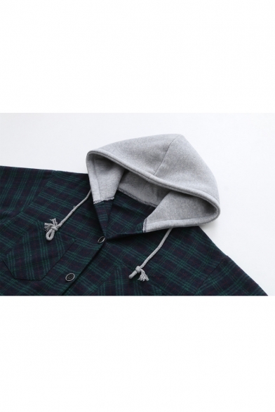 Contrast Hood Patch Plaid Long Sleeve Button Front Hooded Shirt Jacket