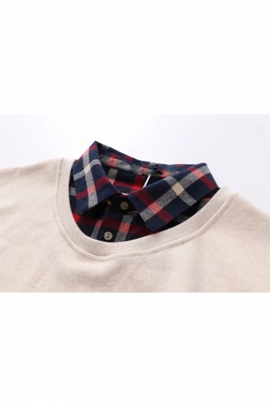 Contrast Plaid Shirt-Style Patchwork Graphic Print Long Sleeve Layered Sweatshirt