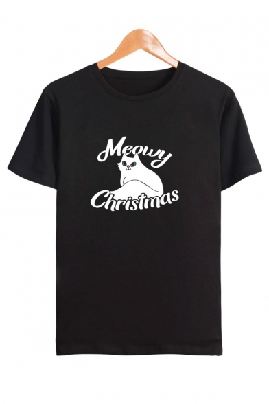 Cute Cartoon Cat Meowy Christmas Letter Print Round Neck Short Sleeve T-Shirt