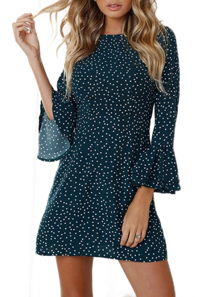 Floral All Over Print Round Neck 3/4 Length Sleeve Mini A-Line Dress