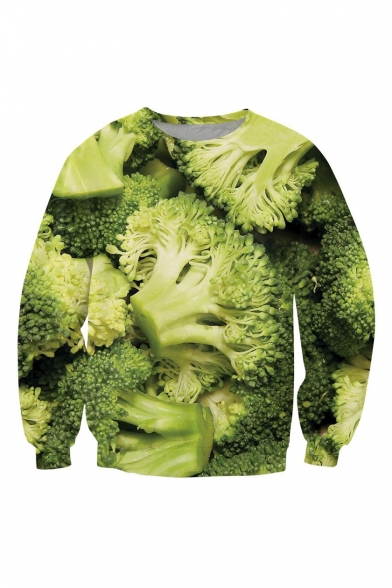 Funny 3D Broccoli Printed Long Sleeve Crewneck Green Pullover Sweatshirt