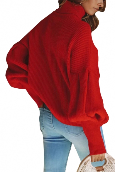 High Collar Plain Lantern Sleeve Loose Tunic Sweater