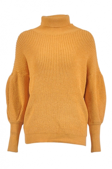 High Collar Plain Lantern Sleeve Loose Tunic Sweater